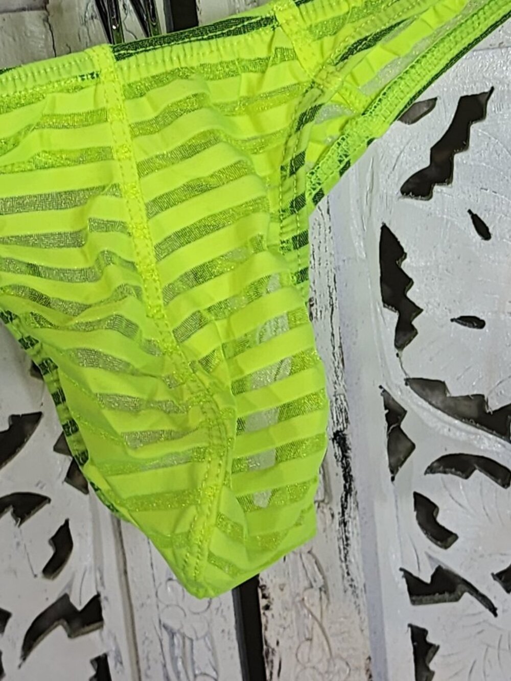 Unknown Brand Neon Lime Sheer Gray Metallic Stripe Thong Underwear Fit Like M - Picture 4 of 16